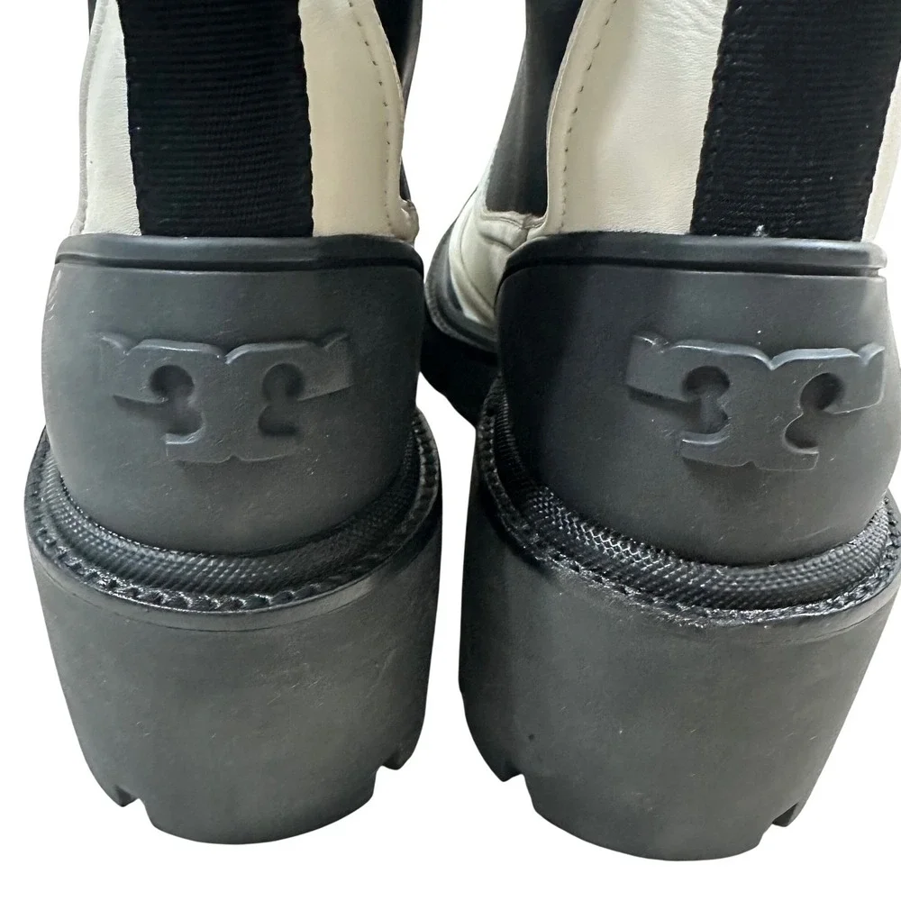 Tory Burch Black White Leather Lug Sole Chelsea Boots 8913 D23 Womens 8.5 NEW